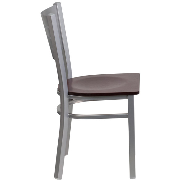 HERCULES Series Silver Slat Back Metal Restaurant Chair - Mahogany Wood Seat