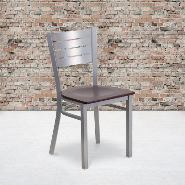 HERCULES Series Silver Slat Back Metal Restaurant Chair - Walnut Wood Seat