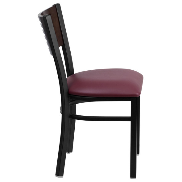 HERCULES Series Black Slat Back Metal Restaurant Chair - Walnut Wood Back, Burgundy Vinyl Seat