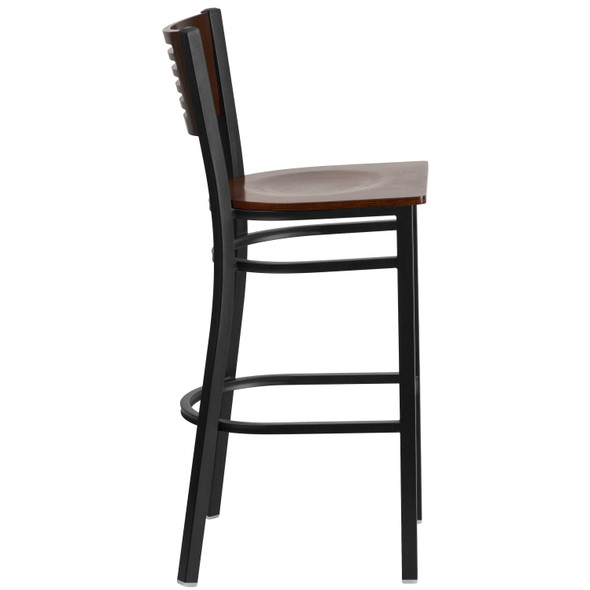 HERCULES Series Black Slat Back Metal Restaurant Barstool - Walnut Wood Back & Seat