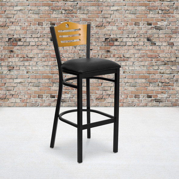 HERCULES Series Black Slat Back Metal Restaurant Barstool - Natural Wood Back, Black Vinyl Seat