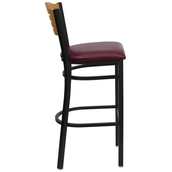 HERCULES Series Black Slat Back Metal Restaurant Barstool - Natural Wood Back, Burgundy Vinyl Seat