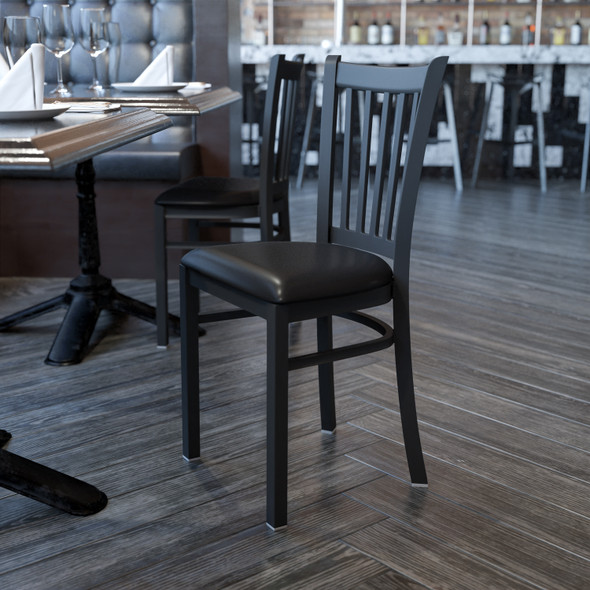 HERCULES Series Black Vertical Back Metal Restaurant Chair - Black Vinyl Seat