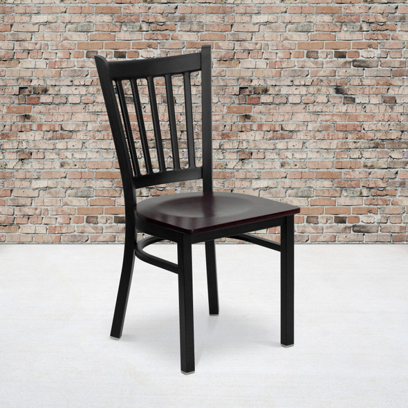 HERCULES Series Black Vertical Back Metal Restaurant Chair - Mahogany Wood Seat