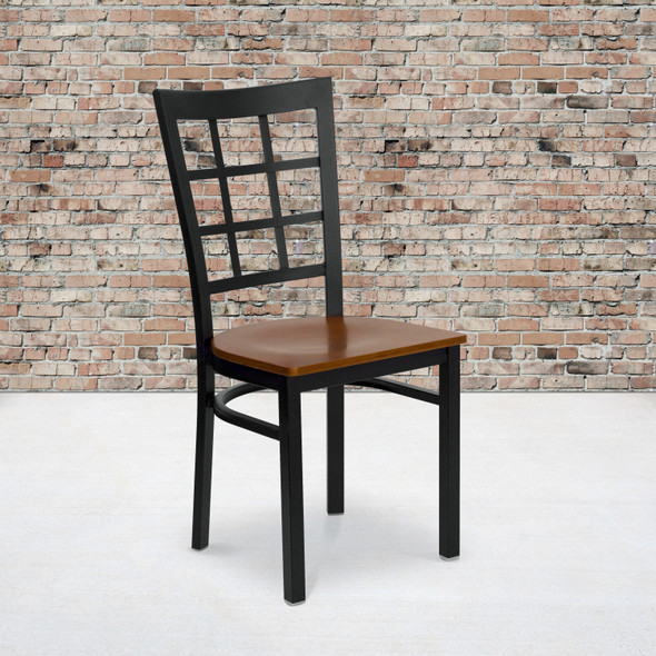 HERCULES Series Black Window Back Metal Restaurant Chair - Cherry Wood Seat