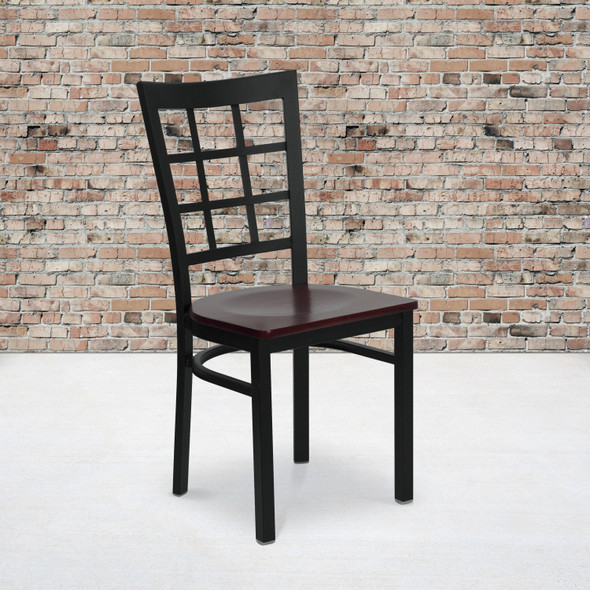 HERCULES Series Black Window Back Metal Restaurant Chair - Mahogany Wood Seat