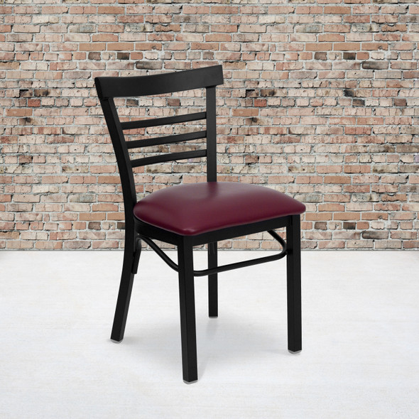 HERCULES Series Black Three-Slat Ladder Back Metal Restaurant Chair - Burgundy Vinyl Seat