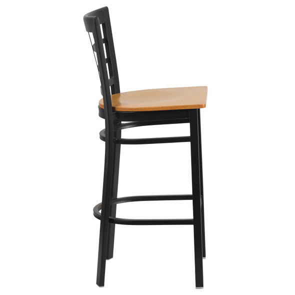 HERCULES Series Black Window Back Metal Restaurant Barstool - Natural Wood Seat