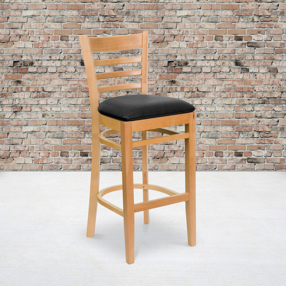 HERCULES Series Ladder Back Natural Wood Restaurant Barstool - Black Vinyl Seat