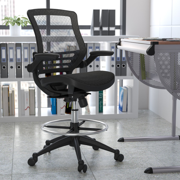 Waylon Mid-Back Transparent Black Mesh Drafting Chair with Black Frame and Flip-Up Arms