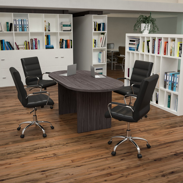 Lake 5 Piece Rustic Gray Oval Conference Table Set with 4 Black and Chrome LeatherSoft Executive Chairs