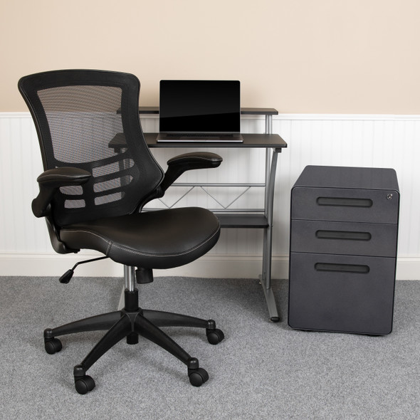 Calder Work From Home Kit - Black Computer Desk, Ergonomic Mesh/LeatherSoft Office Chair and Locking Mobile Filing Cabinet