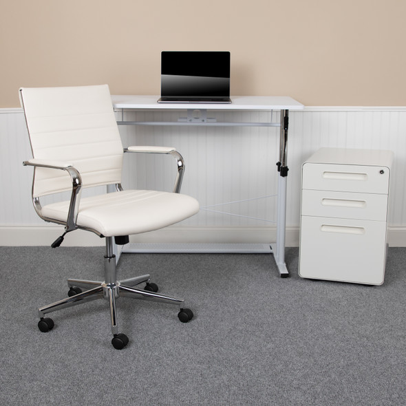 Stiles Work From Home Kit - White Adjustable Computer Desk, LeatherSoft Office Chair and Inset Handle Locking Mobile Filing Cabinet