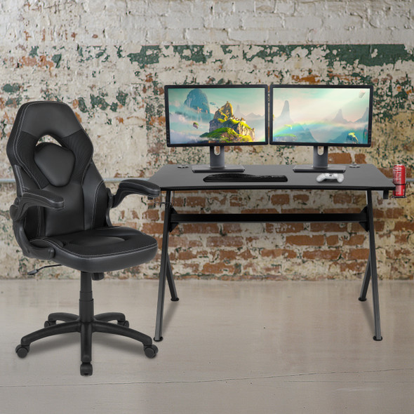 Optis Black Gaming Desk and Black Racing Chair Set with Cup Holder, Headphone Hook & 2 Wire Management Holes