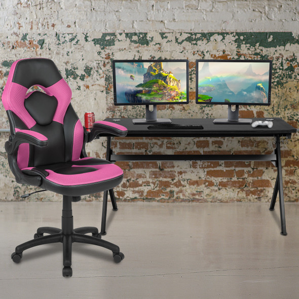 Optis Gaming Desk and Pink/Black Racing Chair Set /Cup Holder/Headphone Hook/Removable Mouse Pad Top - 2 Wire Management Holes