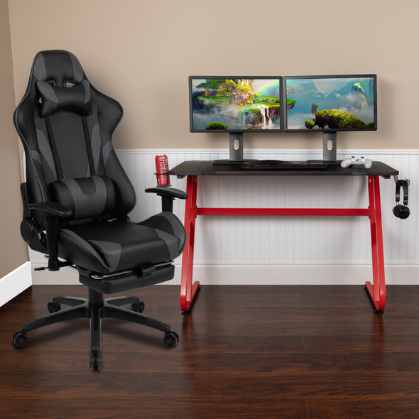 Optis Red Gaming Desk with Cup Holder/Headphone Hook & Gray Reclining Gaming Chair with Footrest