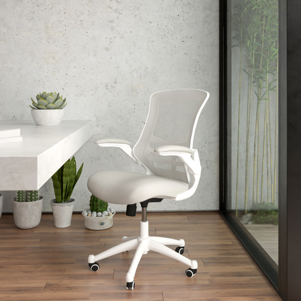 Kelista Mid-Back Light Gray Mesh Swivel Ergonomic Task Office Chair with White Frame and Flip-Up Arms