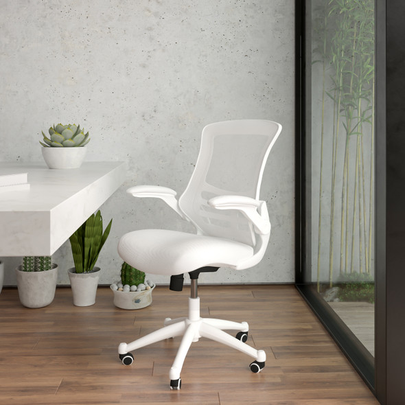 Kelista Mid-Back White Mesh Swivel Ergonomic Task Office Chair with White Frame and Flip-Up Arms