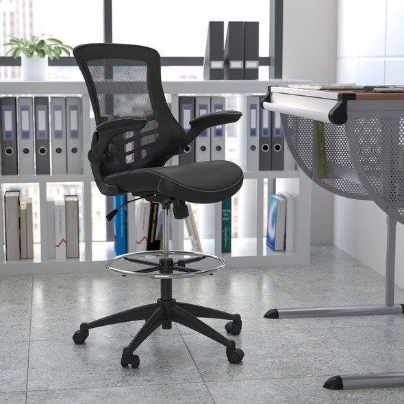 Kelista Mid-Back Black Mesh Ergonomic Drafting Chair with LeatherSoft Seat, Adjustable Foot Ring and Flip-Up Arms