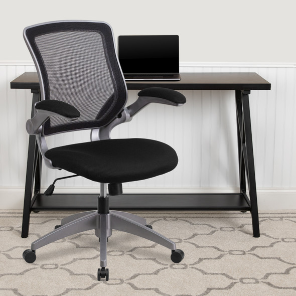 Kale Mid-Back Black Mesh Swivel Ergonomic Task Office Chair with Gray Frame and Flip-Up Arms