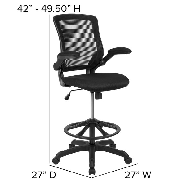 Kale Mid-Back Black Mesh Ergonomic Drafting Chair with Adjustable Foot Ring and Flip-Up Arms