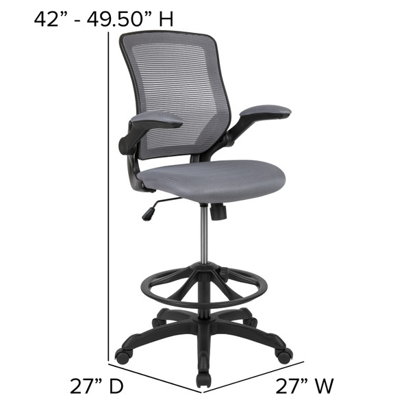 Kale Mid-Back Dark Gray Mesh Ergonomic Drafting Chair with Adjustable Foot Ring and Flip-Up Arms