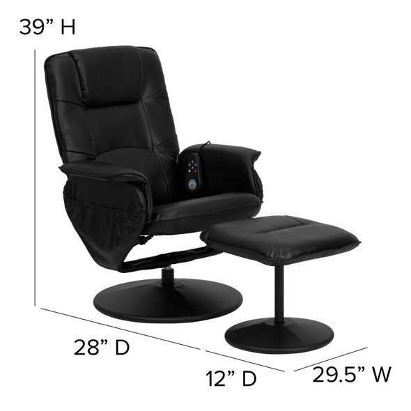 Cason Massaging Adjustable Recliner with Deep Side Pockets and Ottoman with Wrapped Base in Black LeatherSoft