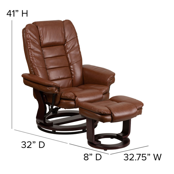 Bali Contemporary Multi-Position Recliner with Horizontal Stitching and Ottoman with Swivel Mahogany Wood Base in Brown Vintage Leather