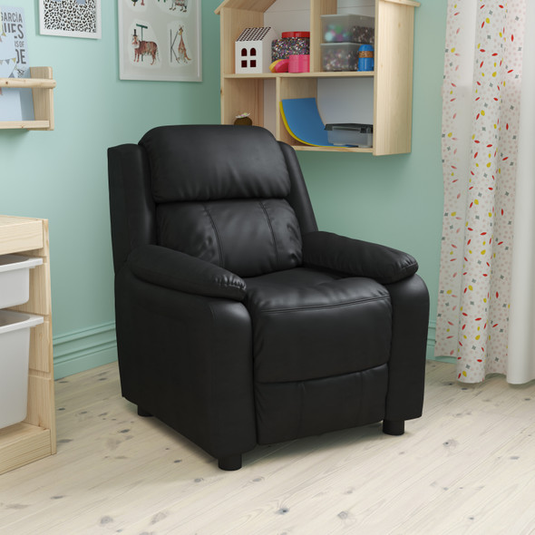 Charlie Deluxe Padded Contemporary Black LeatherSoft Kids Recliner with Storage Arms