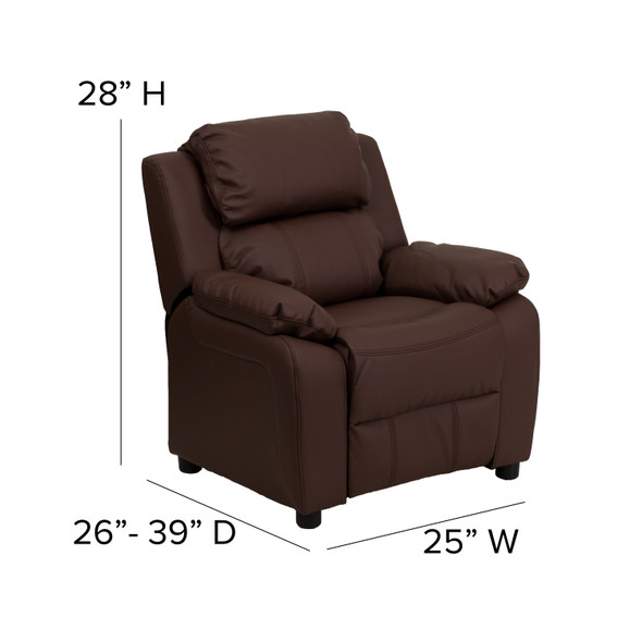 Charlie Deluxe Padded Contemporary Brown LeatherSoft Kids Recliner with Storage Arms