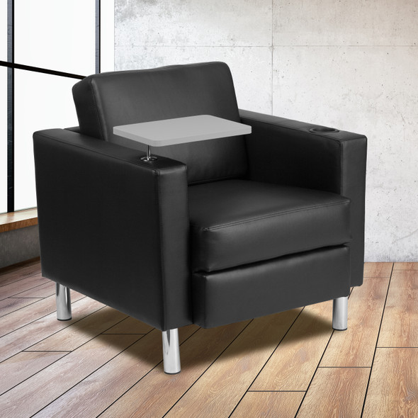 George Black LeatherSoft Guest Chair with Tablet Arm, Tall Chrome Legs and Cup Holder