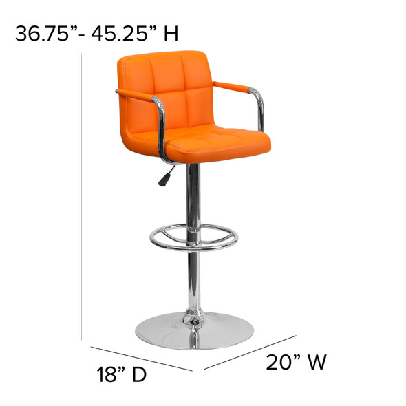 Genna Contemporary Orange Quilted Vinyl Adjustable Height Barstool with Arms and Chrome Base