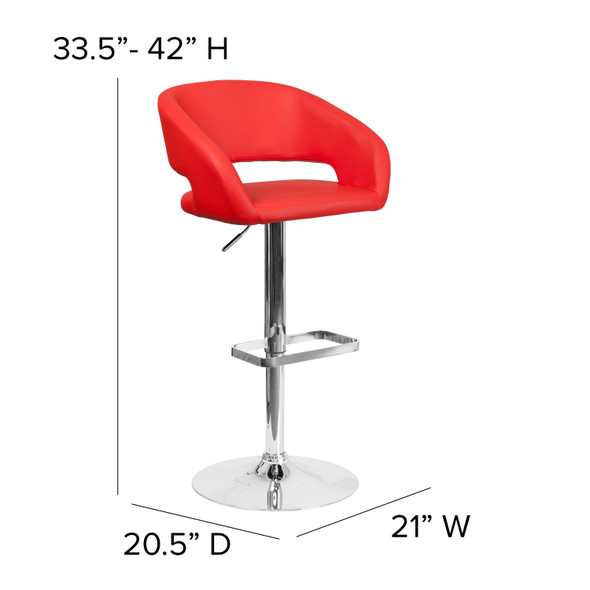 Erik Contemporary Red Vinyl Adjustable Height Barstool with Rounded Mid-Back and Chrome Base