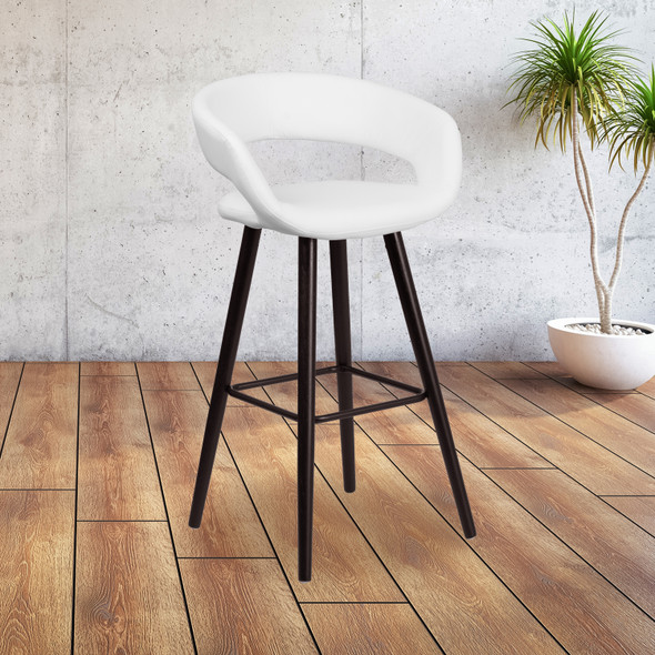 Kelsey Series 24'' High Contemporary Cappuccino Wood Counter Height Stool in White Vinyl