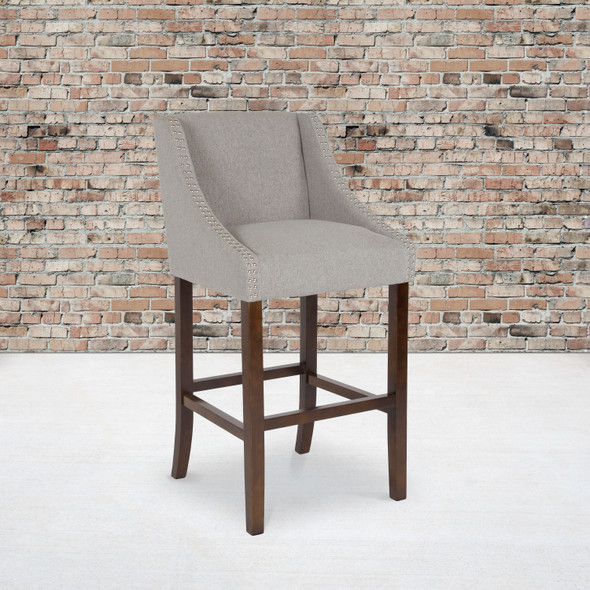 Carmel Series 30" High Transitional Walnut Barstool with Accent Nail Trim in Light Gray Fabric