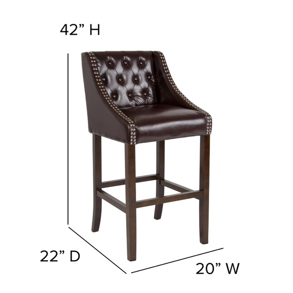 Carmel Series 30" High Transitional Tufted Walnut Barstool with Accent Nail Trim in Brown LeatherSoft