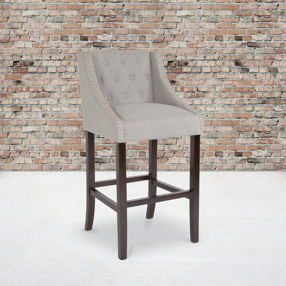 Carmel Series 30" High Transitional Tufted Walnut Barstool with Accent Nail Trim in Light Gray Fabric