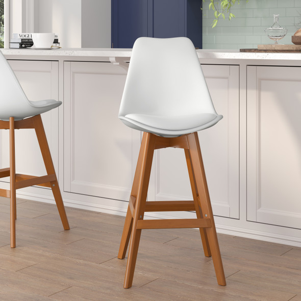 Dana Set of 2 Modern Commercial Counter Stools - White Plastic Backrest - LeatherSoft Padded Seat - 27 Inch Counter Stools - Oak Finish Wood Frame