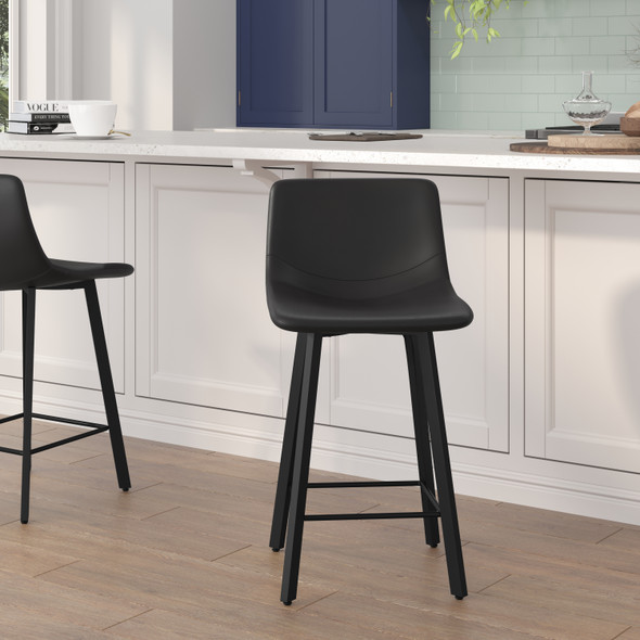 Caleb Modern Armless 24 Inch Counter Height Stools Commercial Grade with Footrests in Black LeatherSoft and Black Matte Metal Frames, Set of 2