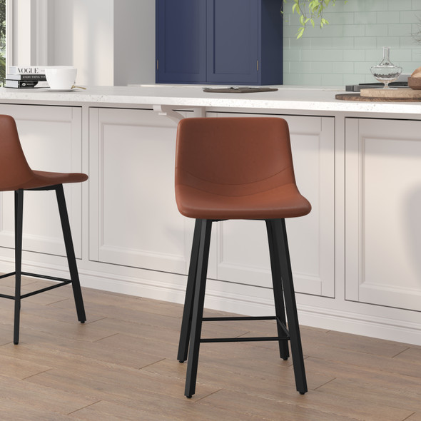 Caleb Modern Armless 24 Inch Counter Height Stools Commercial Grade with Footrests in Cognac LeatherSoft and Black Matte Metal Frames, Set of 2