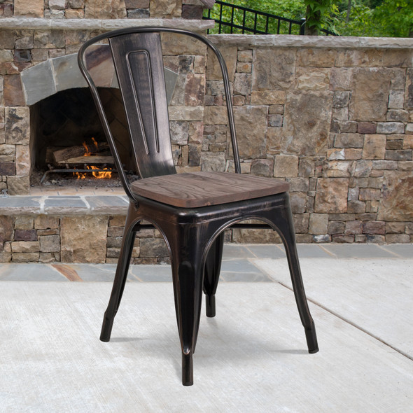 Perry Black-Antique Gold Metal Stackable Chair with Wood Seat