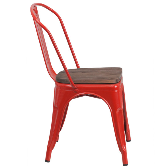 Perry Red Metal Stackable Chair with Wood Seat