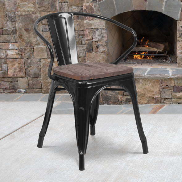 Luna Black Metal Chair with Wood Seat and Arms