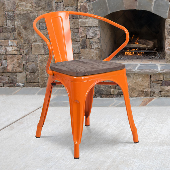 Luna Orange Metal Chair with Wood Seat and Arms