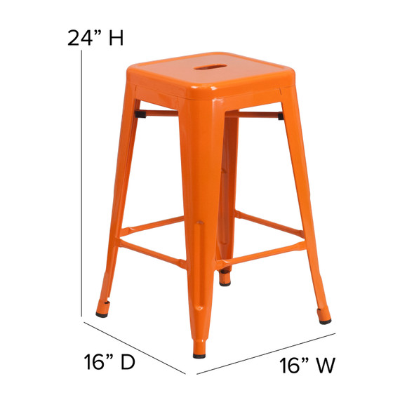 Kai Commercial Grade 24" High Backless Orange Metal Indoor-Outdoor Counter Height Stool with Square Seat