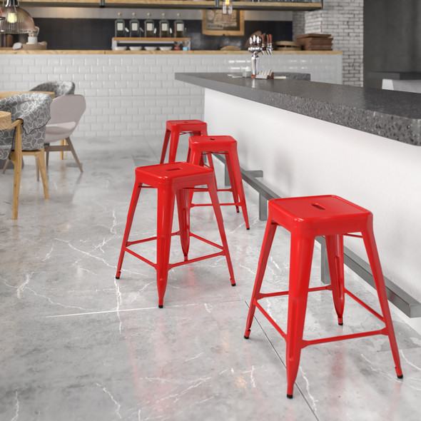 Kai Commercial Grade 24" High Backless Red Metal Indoor-Outdoor Counter Height Stool with Square Seat