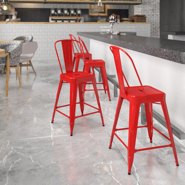 Kai Commercial Grade 24" High Red Metal Indoor-Outdoor Counter Height Stool with Removable Back