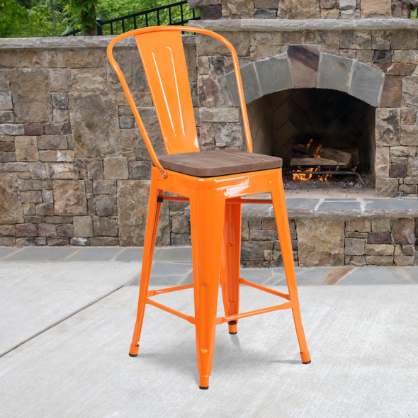 Lily 24" High Orange Metal Counter Height Stool with Back and Wood Seat