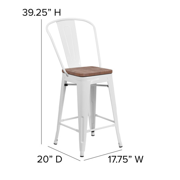 Lily 24" High White Metal Counter Height Stool with Back and Wood Seat