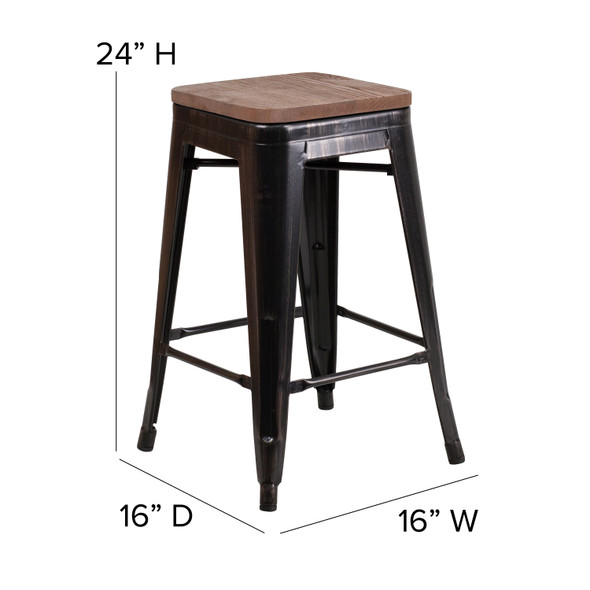 Lily 24" High Backless Black-Antique Gold Metal Counter Height Stool with Square Wood Seat